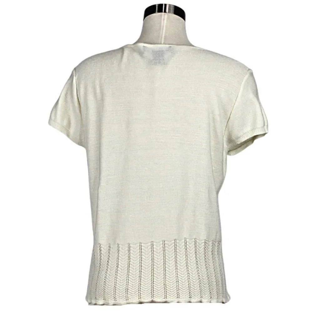 Sweater Short Sleeve  Round Split Neck Chevron Hem Patten Ivory Womens Petite XL